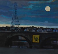 pafa alum elizabeth wilson artist E Wilson gouache oil painting urban landscape Philadelphia Shurs Lane Train Brigde Main Street Manayunk houses rooftops street scene night scene blue evening light dusk full moon blue moon clouds camel cigarette poster yellow rectangle electric tower tonalist arc bridge half circle road