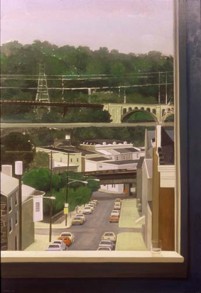 PAFA alum artist e wilson paintings by elizabeth wilson Philadelphia PA large oil painting on linen view from window power lines highway bridges urban houses from high vantage point expressway beyond green trees cars water glass on window sill collection of the Pennsylvania State Museum, Harrisburg